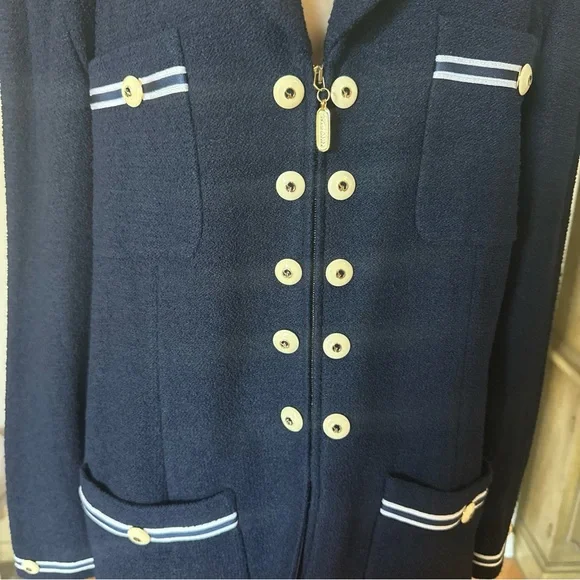RARE St. John Military Navy Blue Jacket Blazer Santana Marie Gray Wool/Rayon 14 - Picture 7 of 15